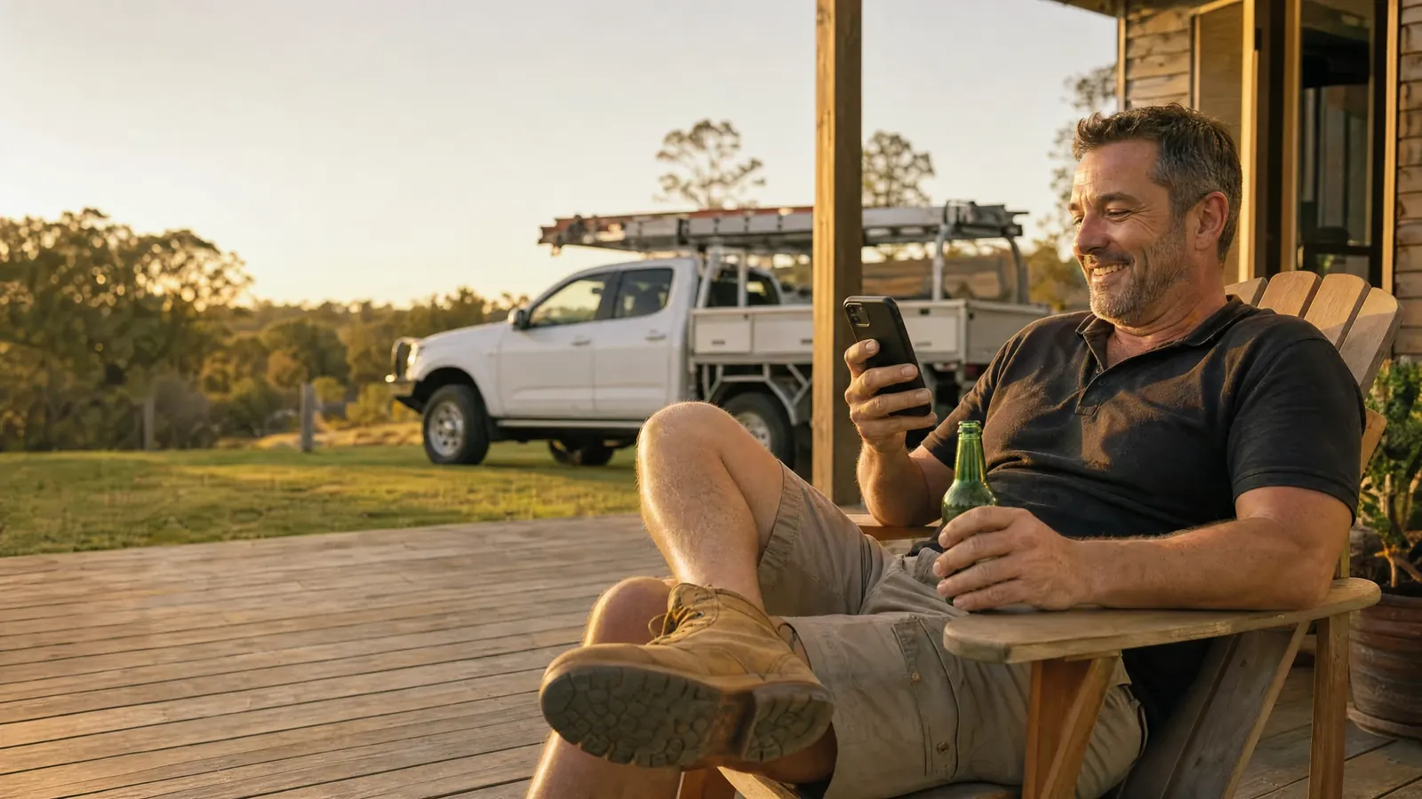 A tradie relaxing on his deck at sunset, smiling at his phone, work ute parked behind him