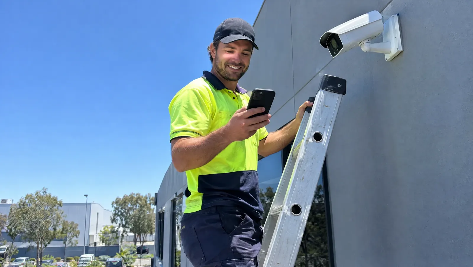 A security technician on a ladder next to a CCTV camera, smiling at his phone